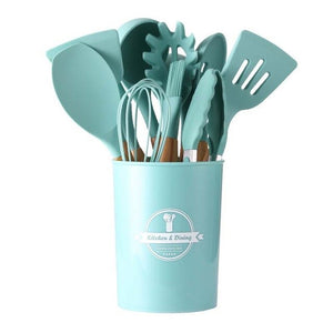 Open image in slideshow, Silicone Utensils Set Non-Stick Wooden Handle With Storage Box 12Pcs - spotlighthomedecor
