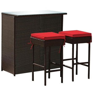 Open image in slideshow, 3PCS Patio Rattan Wicker Bar Stools Dining Set w Cushions
