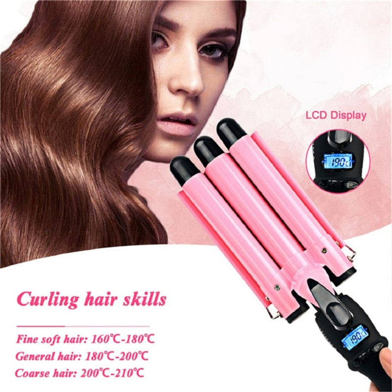 3 Barrel Hair Curling Iron Wand Ceramic Hair Curler With LCD Temperature Display - spotlighthomedecor