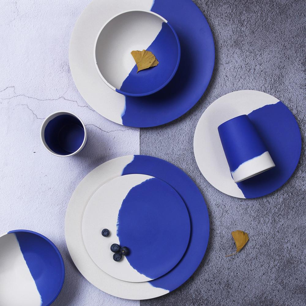 Blue and white Bamboo dinnerware set  4 piece, (total 16 pcs), 2 Plate Bowl Cup Sets - spotlighthomedecor